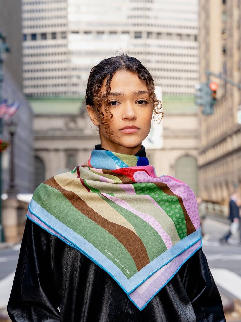 Jessie Zhao Double Sided Wool Silk Square Scarf in Green, Brown & Pink